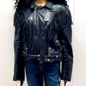 MOTORCYCLE MAMMA Biker Jacket 100% Cowhide Leather w/ Fringe & Conchos ( Med )